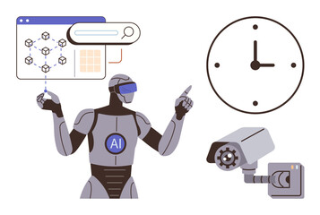 Poster - AI robot interacting with digital data nodes, clock symbolizing time management, and surveillance camera ensuring security. Ideal for AI, technology, automation, innovation, time management, data