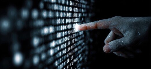 Digital hand touching binary code