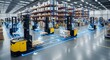 © Satriyo - Autonomous robotic forklifts navigating a modern warehouse with digital paths for efficient logistics and distribution