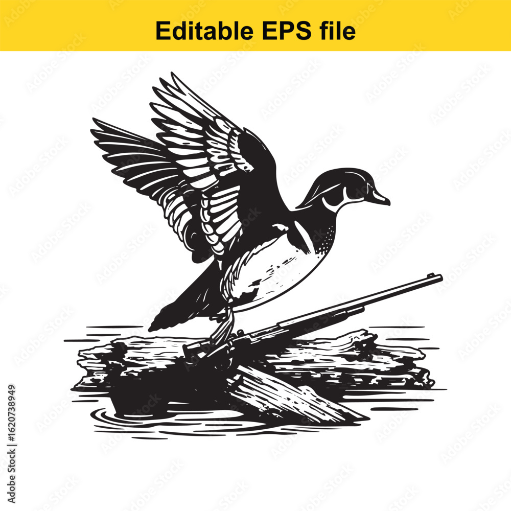 Vector art of duck and rifle illustration isolated on white background ...
