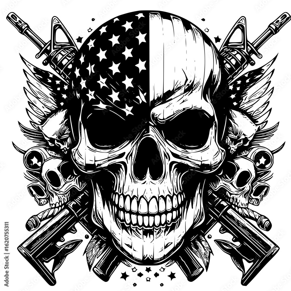 American flag skull with guns Stock Vector | Adobe Stock, image size:1000x1000