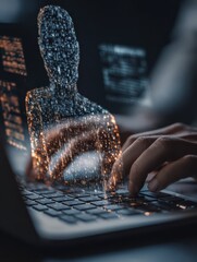 Poster - AI security on a laptop with a person typing showing data protection and artificial intelligence technology integration