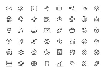 digital transformation icon collection featuring simple line icons of cloud computing, internet, tec