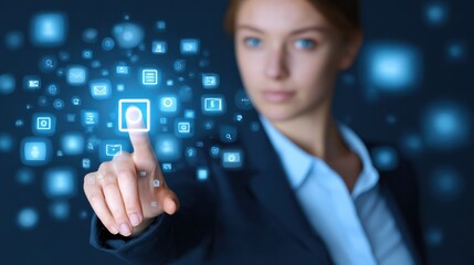 Poster - Image of businesswoman pushing icon on media screen, no logos, no brands