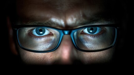 Poster - vision, hacking and technology concept - close up of hacker eyes in glasses looking at computer screen in darkness, no logos, no brands