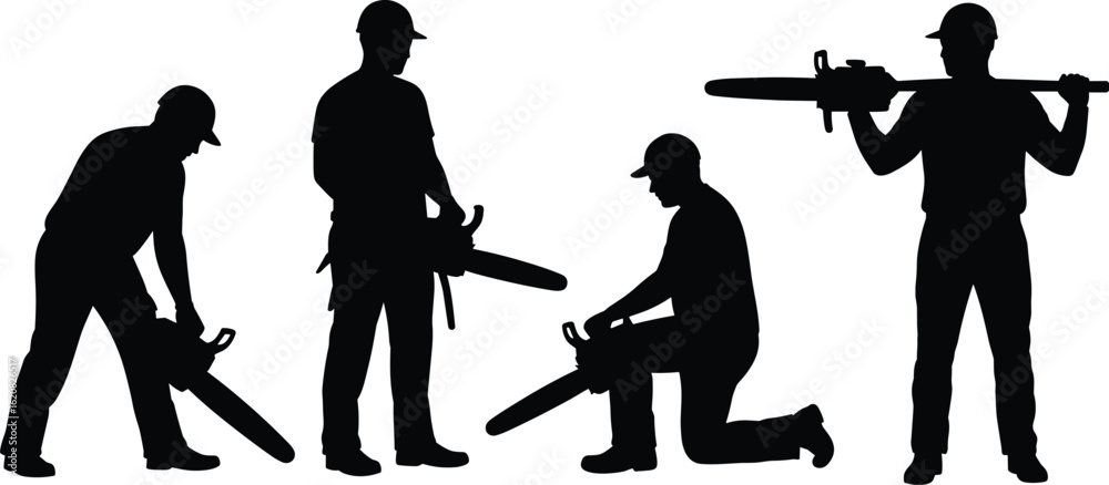 Lumberjack with Chainsaw Silhouette, Set of Workers in Different Poses ...