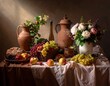 © Vytenis - Rustic Still Life with Flowers, Fruit, Bread, and Clay Vessels in Natural Light