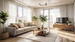 © Tahmina Kazim - Bright and modern living room interior with a comfortable sofa, coffee table, and large windows letting in natural sunlight, creating a cozy and inviting atmosphere