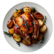 © Akash - Overhead shot of a delicious roasted chicken with golden potatoes and fresh rosemary sprigs on a white plate isolated on transparent background