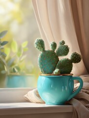 Poster - Cozy cactus in turquoise pot positioned on sunny windowsill surrounded by soft curtain light and greenery creating warm inviting atmosphere