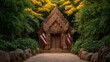 © Chaiwit - Peace talk in Southeast Asia, Ancient stone temple surrounded by lush green plants and yellow flowers southeast Asia inviting peace and talk nature