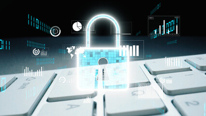 Poster - This image showcases a digital security concept featuring a lock symbol integrated with data visualization elements on a keyboard, emphasizing the importance of cyber security. Xenic