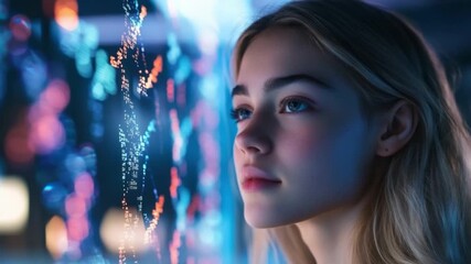 Wall Mural - Explore the intersection of technology and artistry as a young woman interacts with mesmerizing visuals. This video highlights innovation and creativity. AI