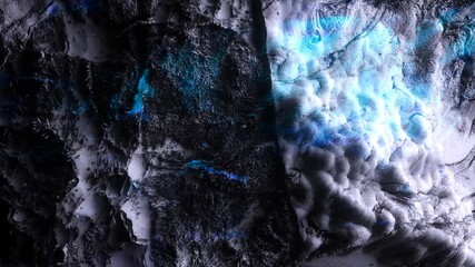 Wall Mural - 3d render of abstract art with surreal mineral geology stone object ocean coral reef or asteroid or winter ice cold mountain rock stone object on a black background with neon fluorescent glow elements