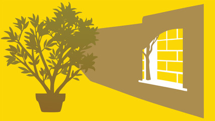 Poster - Stylized illustration featuring potted plant with window and sunlight on a yellow background