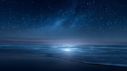 Wall Mural - Night Sky Serenity: A breathtaking view of a starlit sky reflected in the tranquil ocean, with gentle waves lapping the shore. A beautiful display of natural wonder.