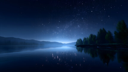 Wall Mural - Celestial Serenity: A tranquil lake mirrors a vibrant night sky, dotted with countless stars, offering a breathtaking panorama of the natural world.