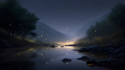 Wall Mural - Moonlit Meadow Reflection: A serene nightscape reveals a tranquil lake mirroring the ethereal glow of fireflies dancing across a peaceful meadow.