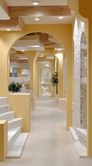 Poster - Bright yellow walls and elegant arches create a striking atmosphere, enhanced by a unique circuit board pattern on the floor