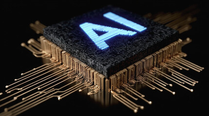 Poster - AI chip technology with glowing letters, showcasing advanced circuitry and connections, symbolizes innovation and digital transformation