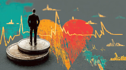 Poster - Businessman standing coins, representing financial growth and market trends, with colorful heartbeat graph background, symbolizing economic health