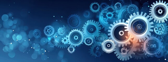 Poster - Glowing gear mechanisms on a dark blue background symbolizing technology and innovation