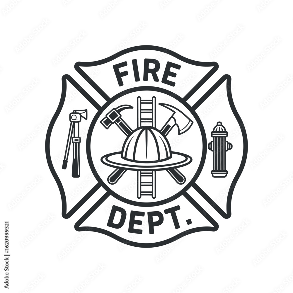 Cross Main Firefighting Fire Department Maltese Cross Symbol with Firefighting Equipment Black ...