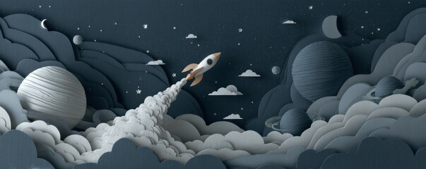Wall Mural - rocket launching into space with clouds, planets, and stars as a backdrop