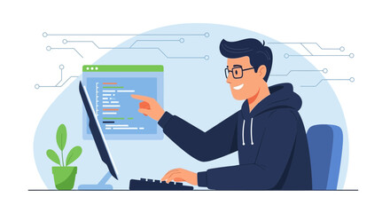 Smiling Man Coding And Developing Software On A Computer At Home