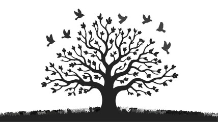 silhouette of a tree with leaves and branches and birds in flight against a white background in gray