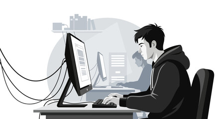 Modern Workspace Illustrating Focus And Technology Driven Work In Black And White