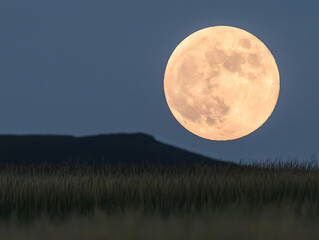 full moon over landscape: a vibrant lunar sphere ascends above a shadowed hillside and tranquil gras