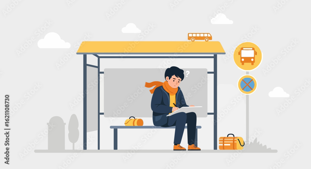 Illustration of a young man waiting at a bus stop, drawing on a notepad ...