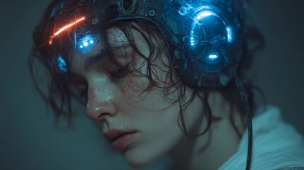 sleek man controlling advanced AI app through neural connection
