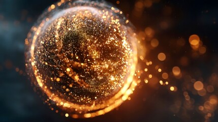 Glowing abstract sphere of golden particles in motion against a dark background, symbolizing energy, data flow, or cosmic phenomena.