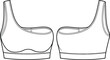 © Biplob Creatives - One shoulder sports bra flat sketch front and back view, technical vector illustration, activewear fashion CAD drawing template