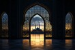 © Kotlet - Glowing mosque at sunset with Islamic motifs, Faisal Mosque in Pakistan. A perspective shot showing the monument's grandeur.