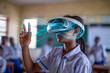 © DEIB Visuals - Mixed race school student with VR headset using AI artificial intelligence technology & machine learning.Interactive technology in classroom. Innovation & smart tech. AI blue hologram in education