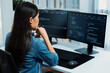 © InfiniteFlow - Young Asian IT developer looking online information on pc for beautiful pose with coding program data of website application, wearing jeans shirt. surround by safety analysis two screens. Stratagem.