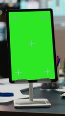 Poster - Vertical Video Modern empty boardroom with copy space on tablet and data charts on projections, computer generated forecasts displayed across the walls. After hours preparation and strategic alignment