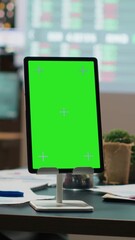 Poster - Vertical Video Empty copy space on device in the boardroom with charts on projection board, business performance data for late night strategic planning and report analysis. Corporate development.