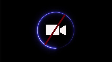Poster - glowing neon prohibited video call icon . HD video motion graphic animation .Capture the essence in virtual conference via Google Meet. Glowing neon calling icon with neon circle.