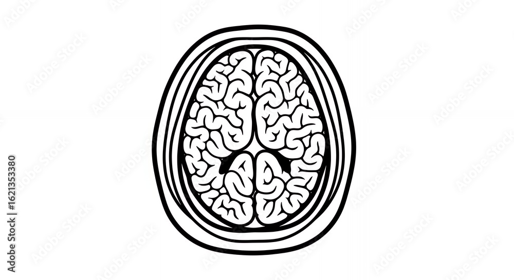 Axial View Human Brain Detailed Medical Hand Drawn Sketch in Black and ...