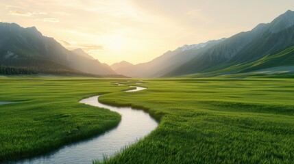 Wall Mural - A stunning mountain valley scene with a winding river, showcasing natures beauty and vast horizons in a tranquil setting.