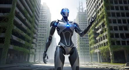 futuristic robot surveying a post-apocalyptic cityscape: a 3d render