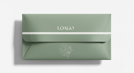 Sage green mailing envelope with white horizontal stripe and centered LOAGO logo, featuring delicate botanical line illustration, photographed from top view on a clean white background