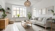 © KALSOOM - Bright living room with white walls and wooden furniture and plants near a large window and sofa