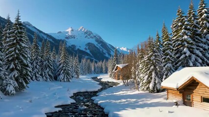 Wall Mural - snowy mountain scene with a cabin and stream in the foreground