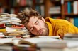 © oksa_studio - Overworked student sleeping on a pile of books in a library, feeling exhausted from long hours of studying and academic pressure