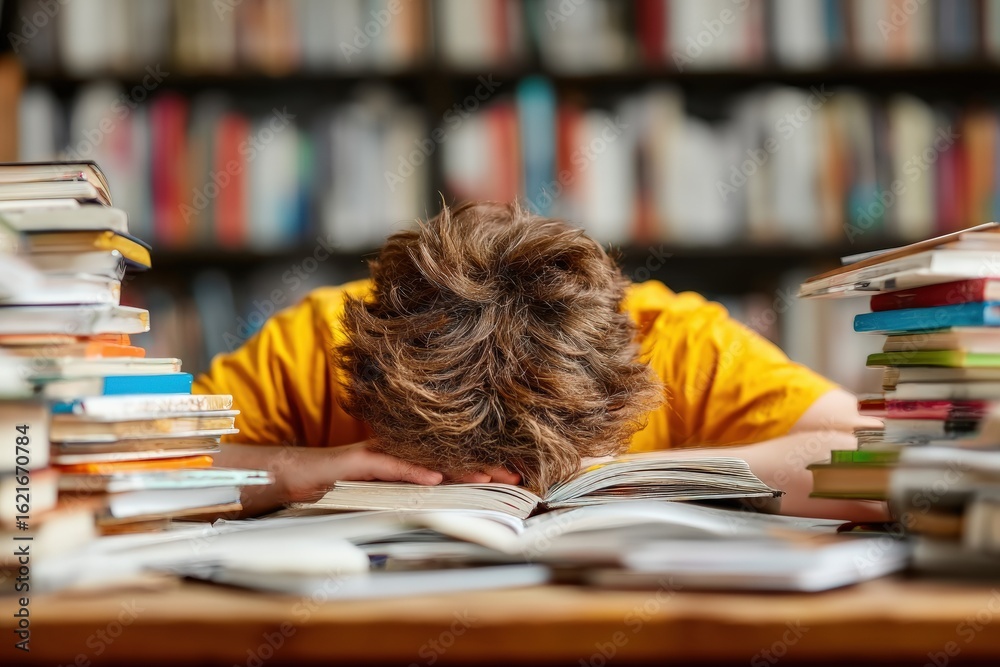 Tired student sleeping on books at the library desk, surrounded by ...